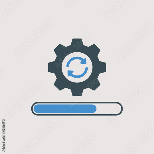 Gear with refresh arrows and progress bar indicating system update or loading