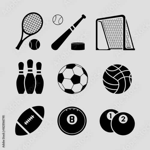 Collection of various sports equipment and balls on a light background