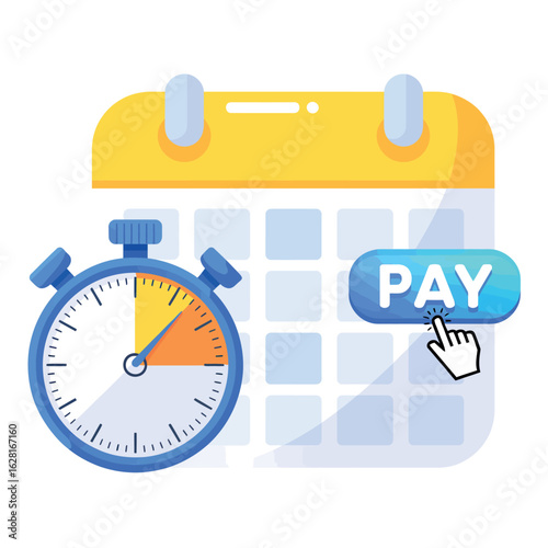 Calendar with stopwatch and pay button symbolizing timely payment and deadlines