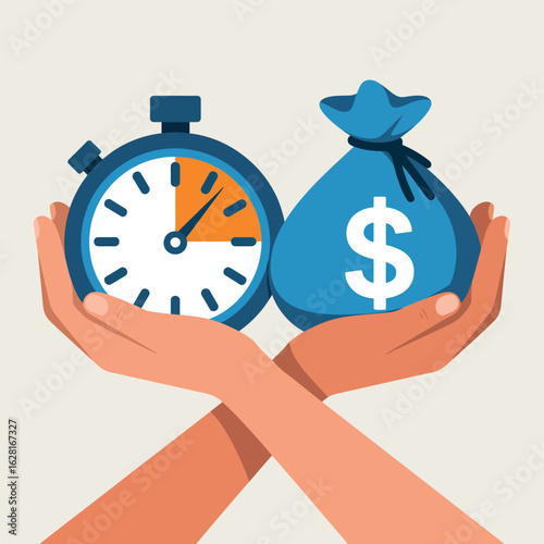 Hands holding a stopwatch and money bag representing time and money