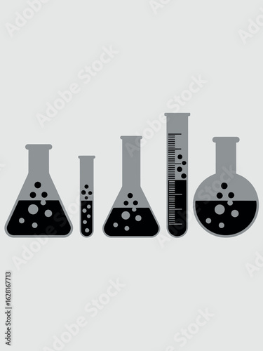 Collection of various laboratory flasks and test tubes with bubbling liquid