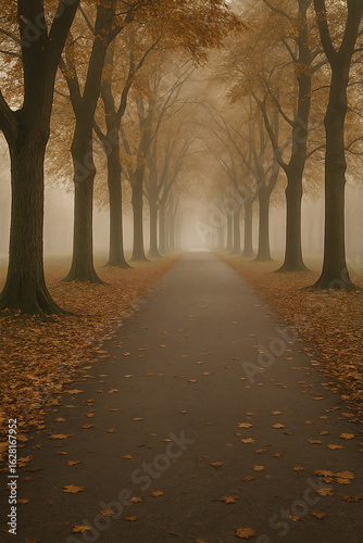 Foggy Autumn Morning Along a Tree-Lined Path