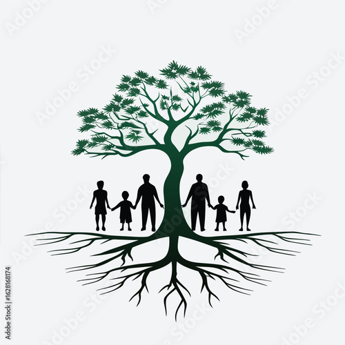 Stylized silhouette of a family holding hands beneath a large green tree with extensive roots