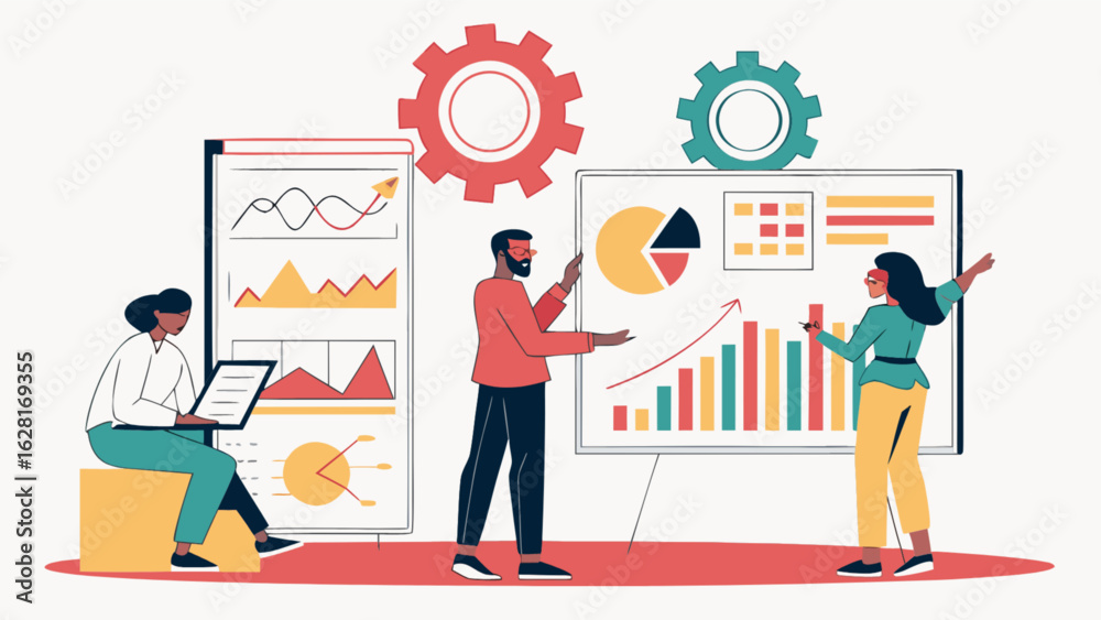 Fototapeta premium Business data analysis presentation by team with charts graphs and gears for strategy and planning success