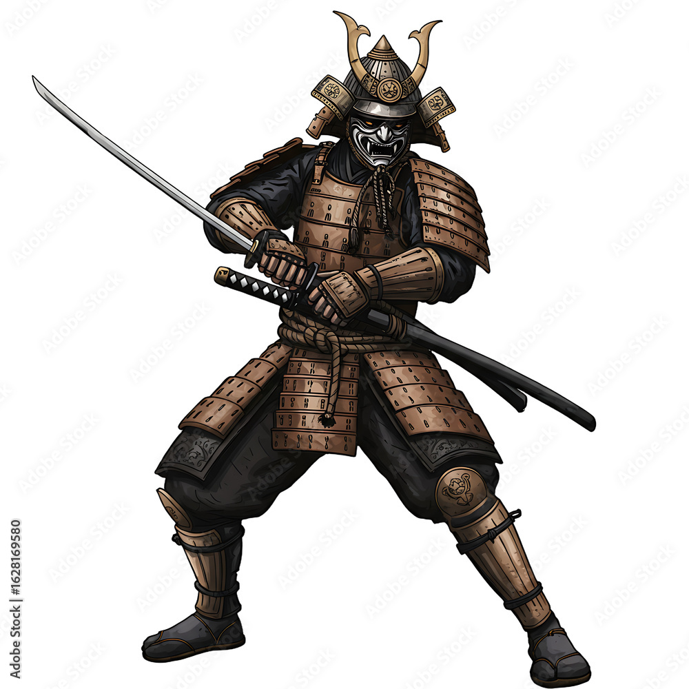 Fototapeta premium Style Illustration Samurai Warrior Battle Stance Transparent Background