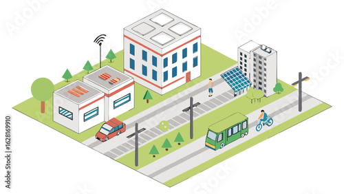 Isometric city landscape vector illustration with buildings solar panels bus car bicycle and people view design
