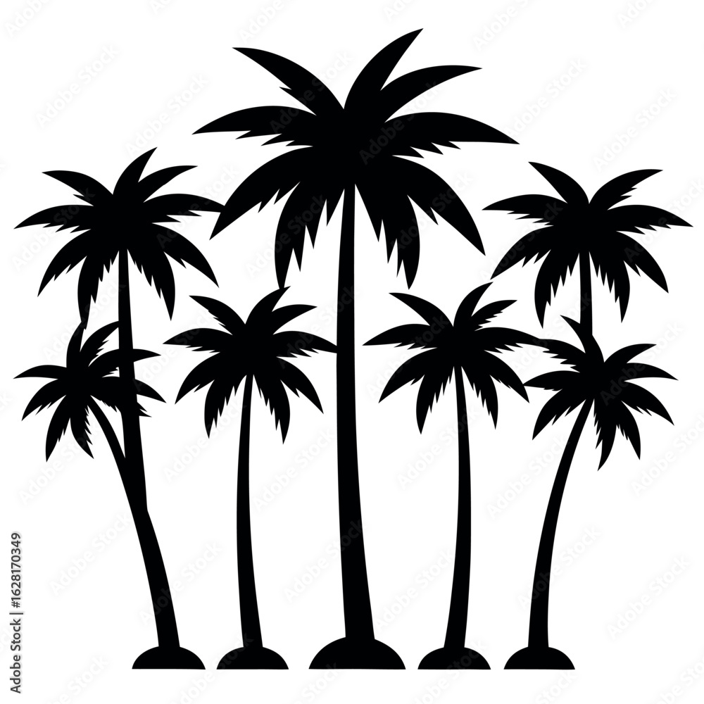 Obraz premium Bundle of seven palm tree silhouettes in curved base isolated on white background silhouette