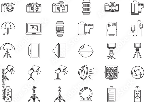 Photography Equipment Line Icons Set – Camera, Lens, Lighting, Tripod, and Studio Gear Outline Collection

