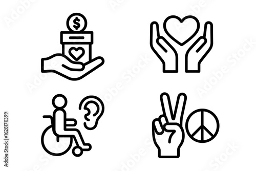 Charity donation, volunteering, help and support icon set. Hand giving money box, hands holding heart, wheelchair accessibility, deaf assistance, peace sign, human care concept. Linear outline vector