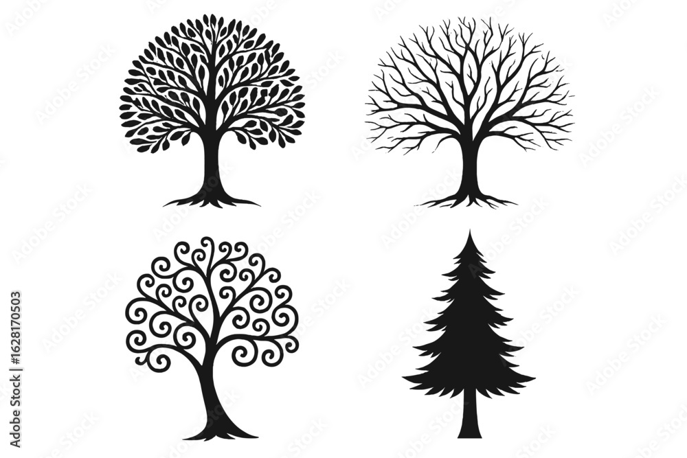 Naklejka premium Stylized black tree silhouettes collection – leafy oak, bare winter branches, spiral abstract tree, evergreen pine – versatile nature clipart for logos, tattoos, wall art, eco branding, decor