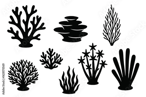 Black coral reef silhouettes set – diverse seaweed, sponge and stony coral shapes for ocean floor, marine aquarium decoration, tropical underwater ecosystem habitat, EPS vector illustration