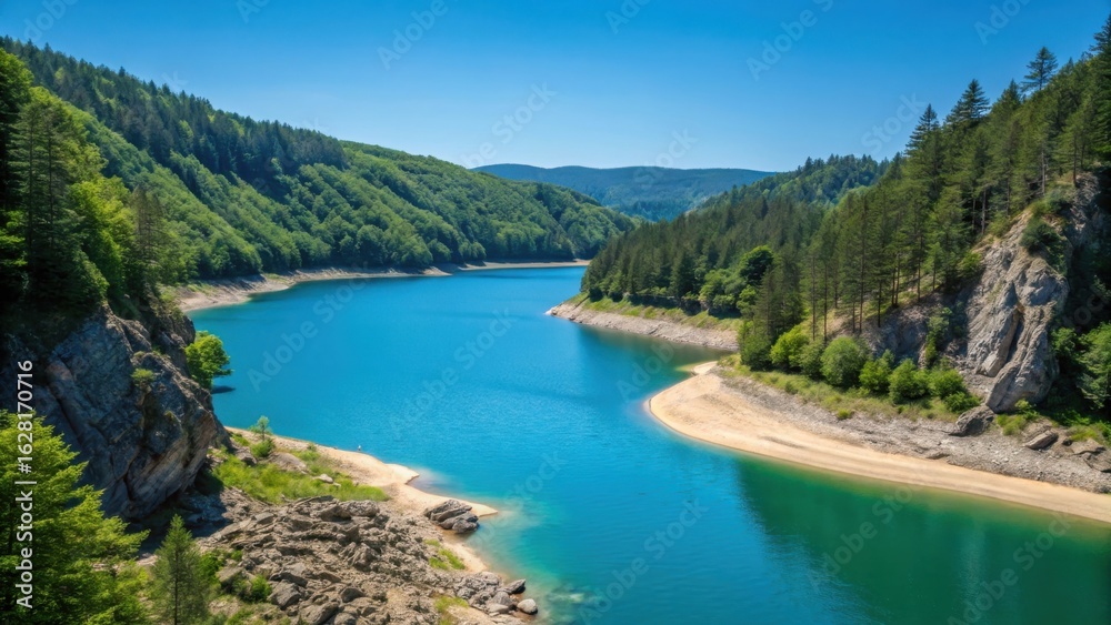 Fototapeta premium Serene turquoise river valley surrounded by lush green forests