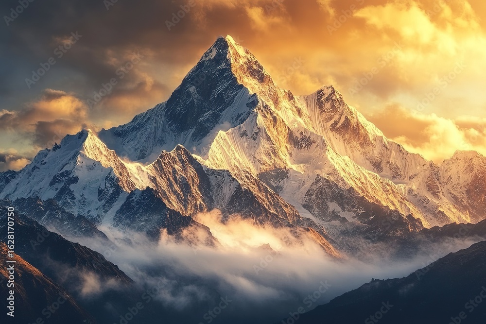 Obraz premium Snow-capped mountain range at sunrise, golden light hitting the peaks, mist rolling through the valleys, ultra-HD, breathtaking landscape