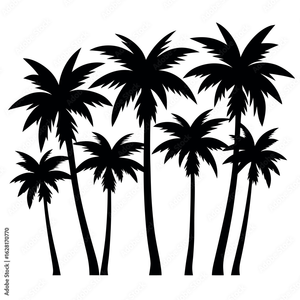 Fototapeta premium Group of ten hand drawn palm tree silhouettes isolated on white background