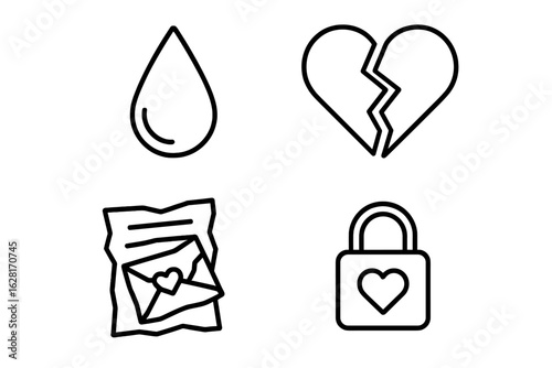 Heartbreak and Emotional Pain Outline Icon Set – Tear Drop, Broken Heart, Crumpled Love Letter, Locked Heart Padlock – Minimalist Grief, Rejection, Separation, Unrequited Love Concept Vectors