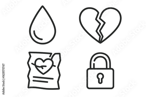 Breakup grief icons set—tear drop, cracked heart, crumpled love note, padlock symbolizing heartlock—modern minimal line style vector for divorce, heartbreak, relationship end, emotional pain concepts
