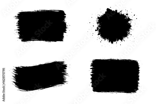 Black grunge brush stroke vector set – 4 rough paint rectangles and splatter spot, distressed ink texture smears, abstract grungy brushstroke shapes for banner background, design overlay, masking