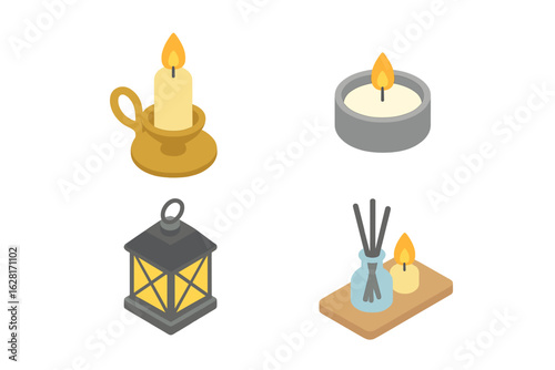 Cozy candle and lantern isometric icons set. Vintage candlestick holder, tea light in metal cup, glowing decorative lantern, aromatherapy reed diffuser tray. Home decor accessories vector illustration