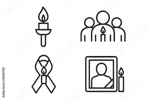 Candlelight vigil black line icon set – memorial torch flame, mourning crowd with candle, awareness ribbon remembrance, tribute photo frame with candle – grief, solidarity, loss support vector