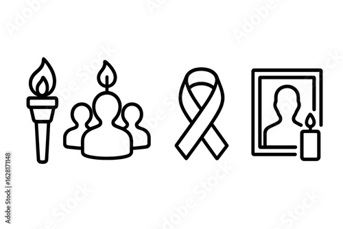 Candlelight vigil icons set, outline torch flame, mourning crowd silhouette with candles, remembrance awareness ribbon, memorial photo with candle, grief solidarity tribute illustration vector