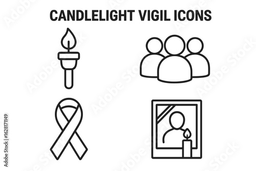 Candlelight vigil remembrance icons set – outline torch with flame, mourning crowd, awareness ribbon and memorial photo frame – solidarity, bereavement, tribute ceremony vector illustration