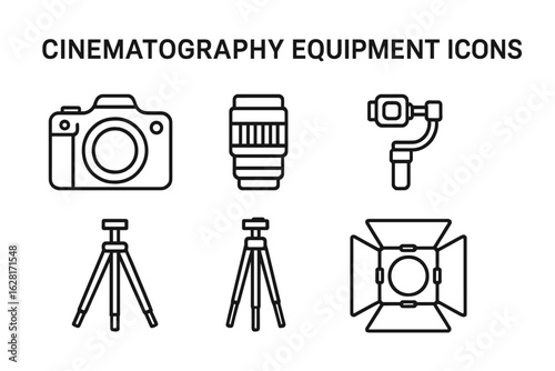 Cinematography equipment line icons set – digital camera body, zoom lens, handheld gimbal stabilizer, studio tripods, video LED barn-door light. Thin stroke vector illustration for filmmaking gear.