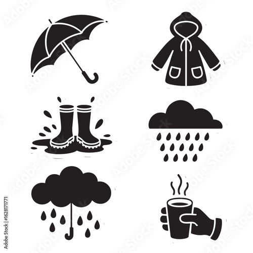 Rainy Weather Icons Umbrella Raincoat Boots Cloud Rain Cup Hand Vector Illustration Set