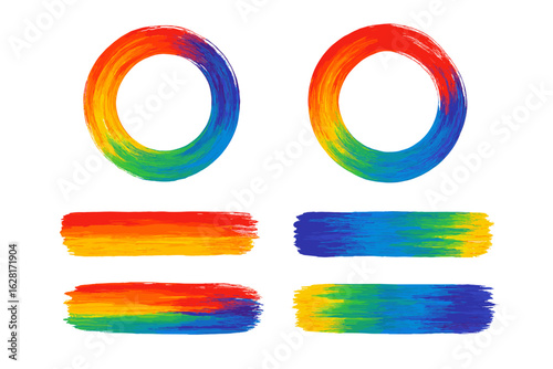 Vivid rainbow brush stroke circles and horizontal paint swashes set, abstract grunge ink textures for creative backgrounds, modern poster art, pride graphic design, colorful pattern decoration