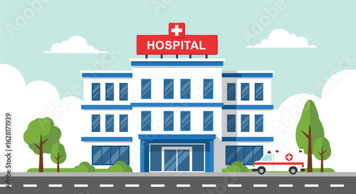 Modern hospital building, emergency services, medical care, emergency transport, clean hospital view, healthcare scene, hospital vector art, wellness center, modern clinic, healthcare system,