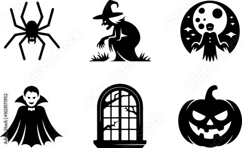 Halloween silhouettes Spider Crawl Cackling Witch Vampire Cape Full Moon Night Haunted Window Pumpkin Smirk