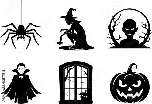 Halloween silhouettes Spider Crawl Cackling Witch Vampire Cape Full Moon Night Haunted Window Pumpkin Smirk