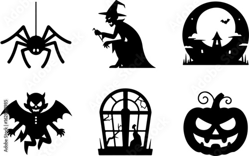 Halloween silhouettes Spider Crawl Cackling Witch Vampire Cape Full Moon Night Haunted Window Pumpkin Smirk