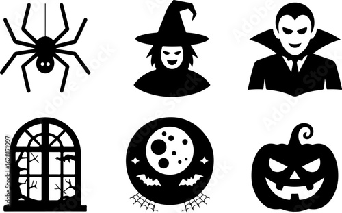 Halloween silhouettes Spider Crawl Cackling Witch Vampire Cape Full Moon Night Haunted Window Pumpkin Smirk