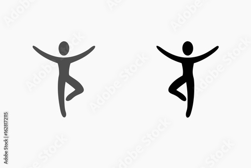 Two simplified human figures in a yoga tree pose one dark gray and one black against a white background