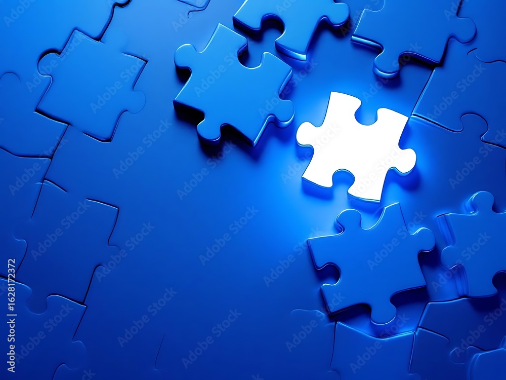 Blue puzzle pieces with one missing white piece on a glossy surface, symbolizing problem solving, uniqueness, and finding solutions in business and teamwork concepts Blue puzzle pieces with one missing white piece on a glossy surface, symbolizing problem solving, uniqueness, and finding solutions in business and teamwork concepts