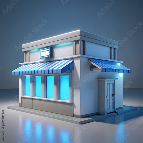 A modern two-story building with blue striped awnings and glowing blue windows