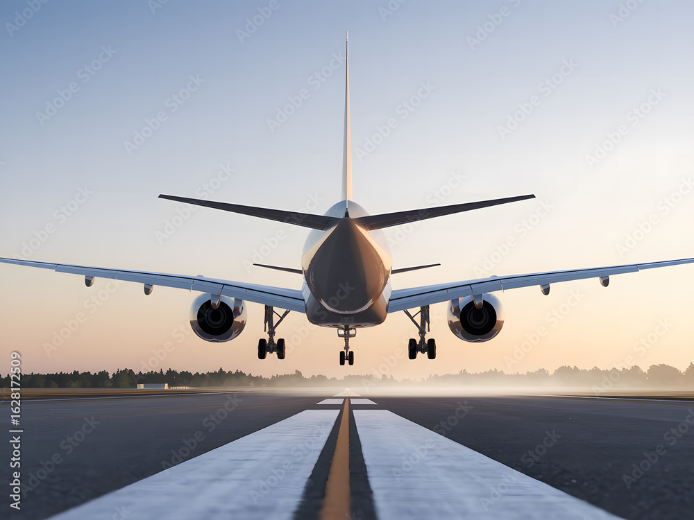 Obraz premium Modern Airplane Touching Down at Sunrise. AI Generated 
