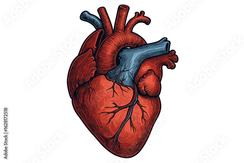 Anatomically accurate human heart vector illustration, medical education diagram, detailed cardiac anatomy structure, red and blue color, engraved style, realistic organ, transparent background