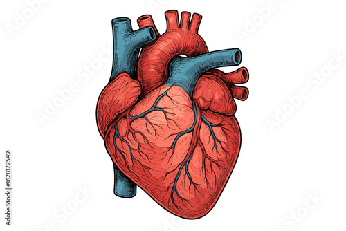 Anatomical human heart illustration with detailed veins, arteries, ventricles and atria, medical study vector, cardiovascular organ anatomy educational infographic, isolated transparent background