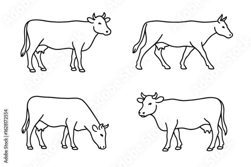 Farm cattle silhouettes set — standing, walking, grazing cow outline vector illustration for agriculture design, dairy farm infographic, rural education materials, livestock icon pack