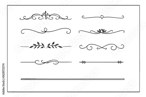 Elegant swirl, flourish and leaf dividers set, ornate decorative horizontal lines, vintage calligraphy ornaments, invitation card separators, wedding menu borders, thin outline vector illustration