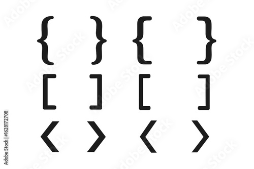 Curly Square Angle Brackets Icon Set ‒ Black Coding Brace Symbols for Programming, Web Development UI, Software App Interface, Graphic Design Resource, Vector Isolated on White