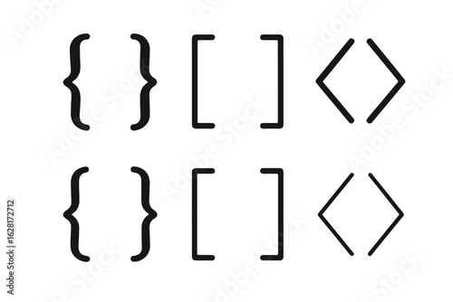 Curly, square and angle bracket symbols ‒ black minimal vector set for code snippets, UI design elements, software development icons, web programming templates, app interface punctuation marks