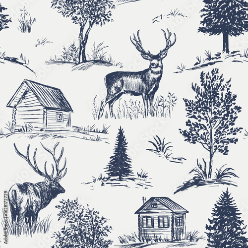 Deer and elk in forest seamless pattern. Navy blue and white background. Toile de Jouy style. Vector illustration.