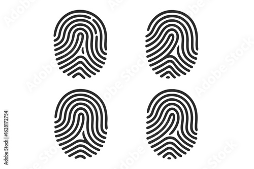 Biometric fingerprint set of four black vector prints, detailed forensic identity icons for security authentication, access control, personal identification, surveillance technology illustration