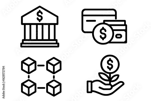 Fintech line icon set of banking institution, credit card payment, blockchain cubes, hand nurturing investment growth – modern finance technology, digital transactions, secure money management vector
