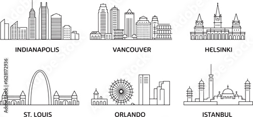 City Skyline Outline Vector Illustration Set on Transparent Background for Travel and Design Projects