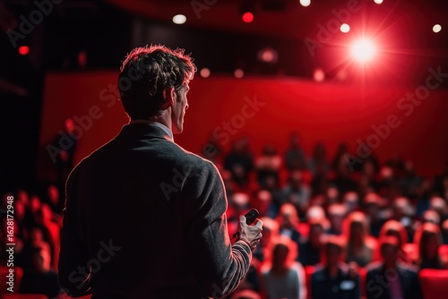 Entrepreneur delivering a TED Talk, confident posture, spotlight effect, packed audience, cinematic depth