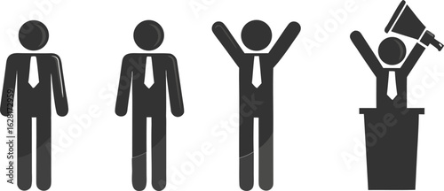 Four stick figure businessmen in suits showing progression from standing to speaking with a megaphone