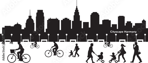 Cityscape Harmony Silhouette with People and Cyclists on Transparent Background Vector